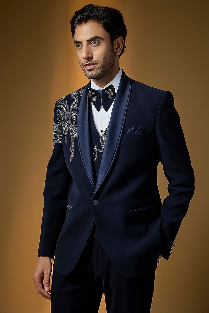 Deep Navy Suiting Embroidered Tuxedo Set by PARV DESIGN STUDIO at Pernia's Pop Up Shop