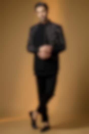 Black Suiting Embroidered Wedding Bandhgala Set by PARV DESIGN STUDIO at Pernia's Pop Up Shop