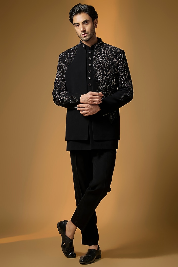 Black Suiting Embroidered Wedding Bandhgala Set by PARV DESIGN STUDIO at Pernia's Pop Up Shop