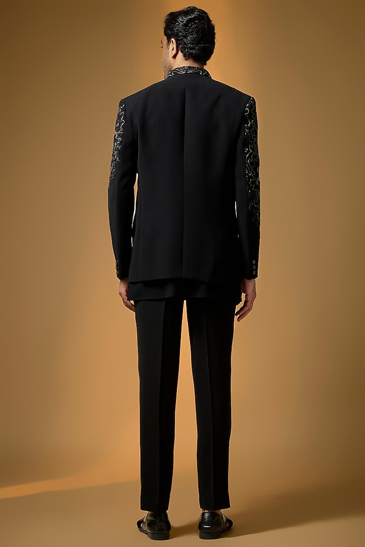 Black Suiting Embroidered Wedding Bandhgala Set by PARV DESIGN STUDIO at Pernia's Pop Up Shop