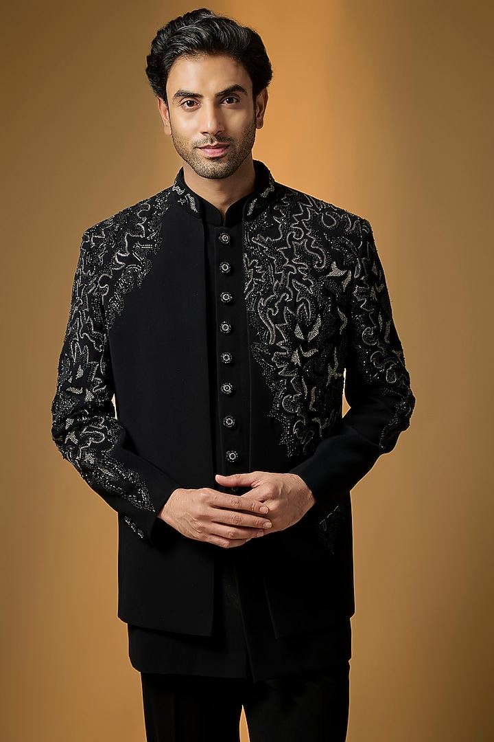 Black Suiting Embroidered Wedding Bandhgala Set by PARV DESIGN STUDIO at Pernia's Pop Up Shop