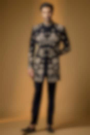 Deep Navy Suiting Zari Embroidered Wedding Indowestern Set by PARV DESIGN STUDIO at Pernia's Pop Up Shop