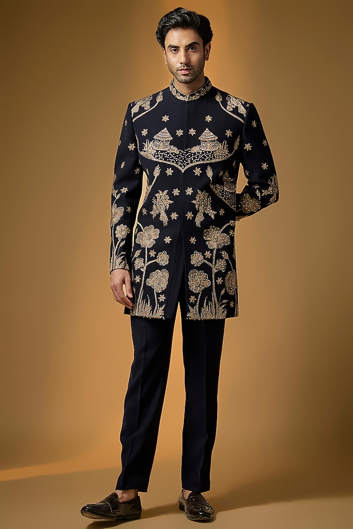 Deep Navy Suiting Zari Embroidered Wedding Indowestern Set by PARV DESIGN STUDIO at Pernia's Pop Up Shop