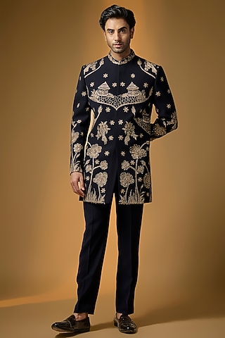 Deep Navy Suiting Zari Embroidered Indowestern Set by PARV DESIGN STUDIO