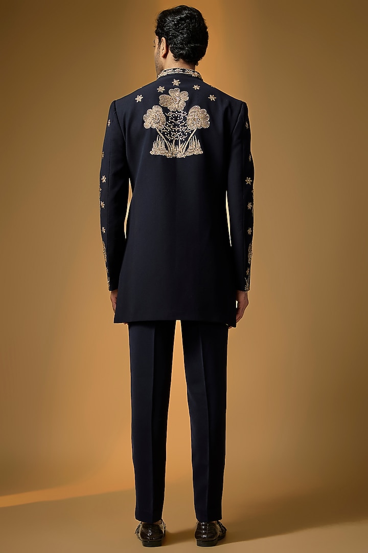 Deep Navy Suiting Zari Embroidered Wedding Indowestern Set by PARV DESIGN STUDIO at Pernia's Pop Up Shop