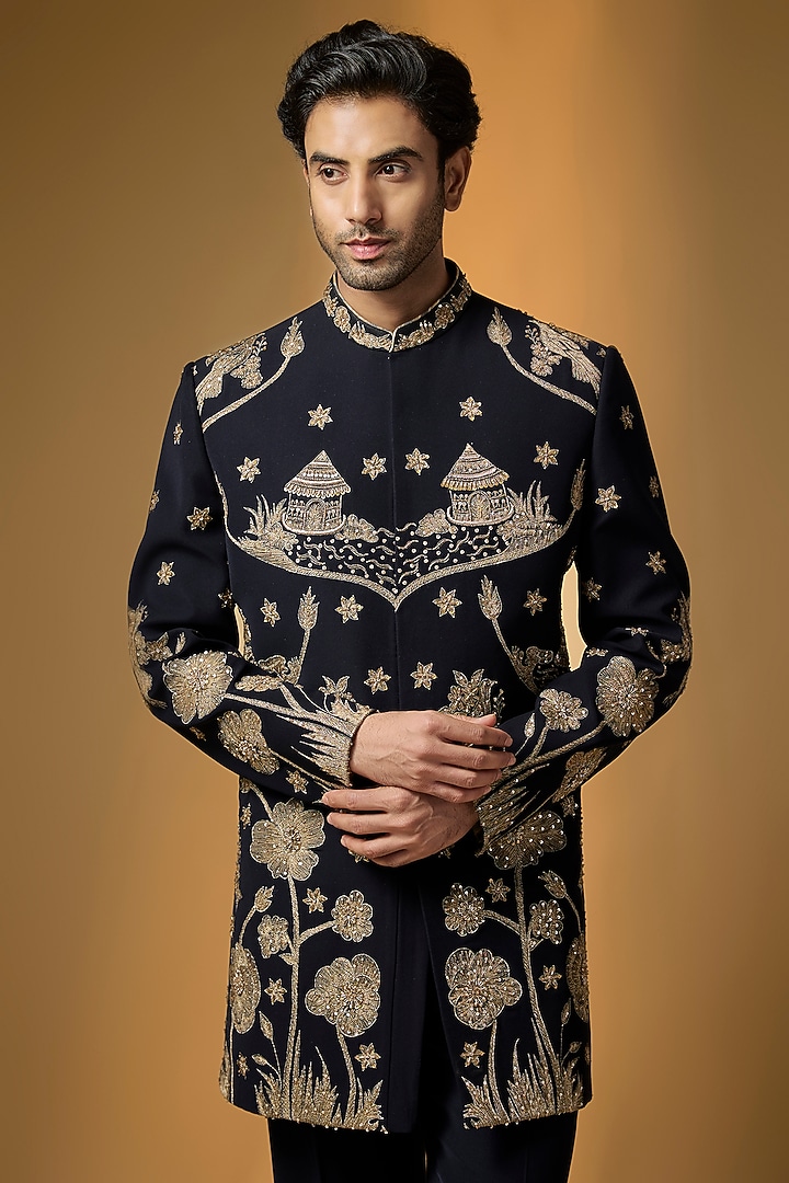 Deep Navy Suiting Zari Embroidered Wedding Indowestern Set by PARV DESIGN STUDIO at Pernia's Pop Up Shop