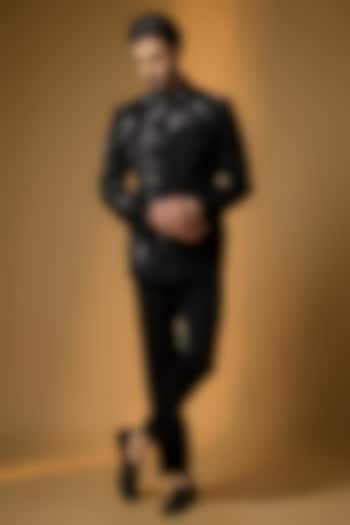 Black Suiting Embroidered Wedding Bandhgala Set by PARV DESIGN STUDIO at Pernia's Pop Up Shop