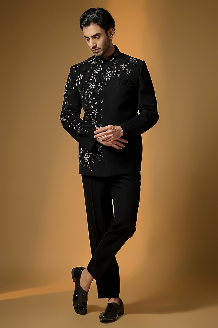 Black Suiting Embroidered Wedding Bandhgala Set by PARV DESIGN STUDIO at Pernia's Pop Up Shop