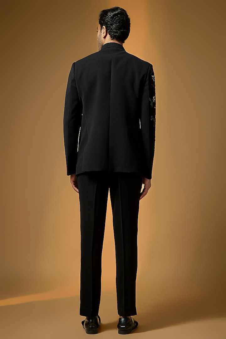 Black Suiting Embroidered Wedding Bandhgala Set by PARV DESIGN STUDIO at Pernia's Pop Up Shop