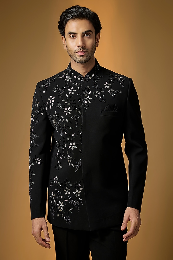 Black Suiting Embroidered Wedding Bandhgala Set by PARV DESIGN STUDIO at Pernia's Pop Up Shop