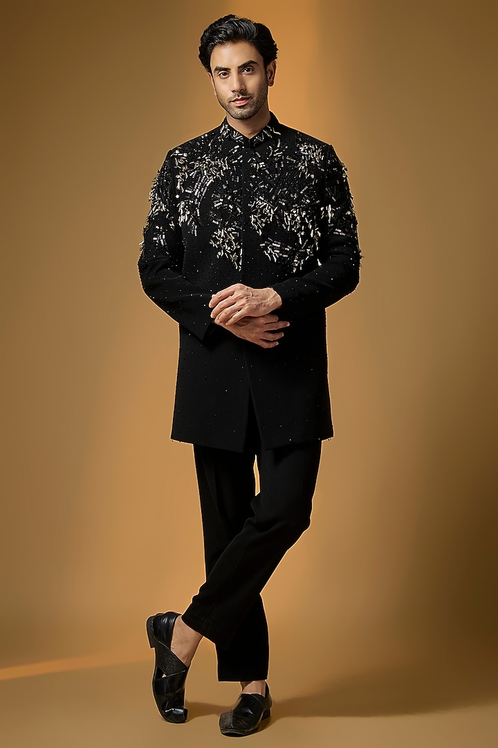 Black Suiting Embroidered Wedding Indowestern Set by PARV DESIGN STUDIO at Pernia's Pop Up Shop