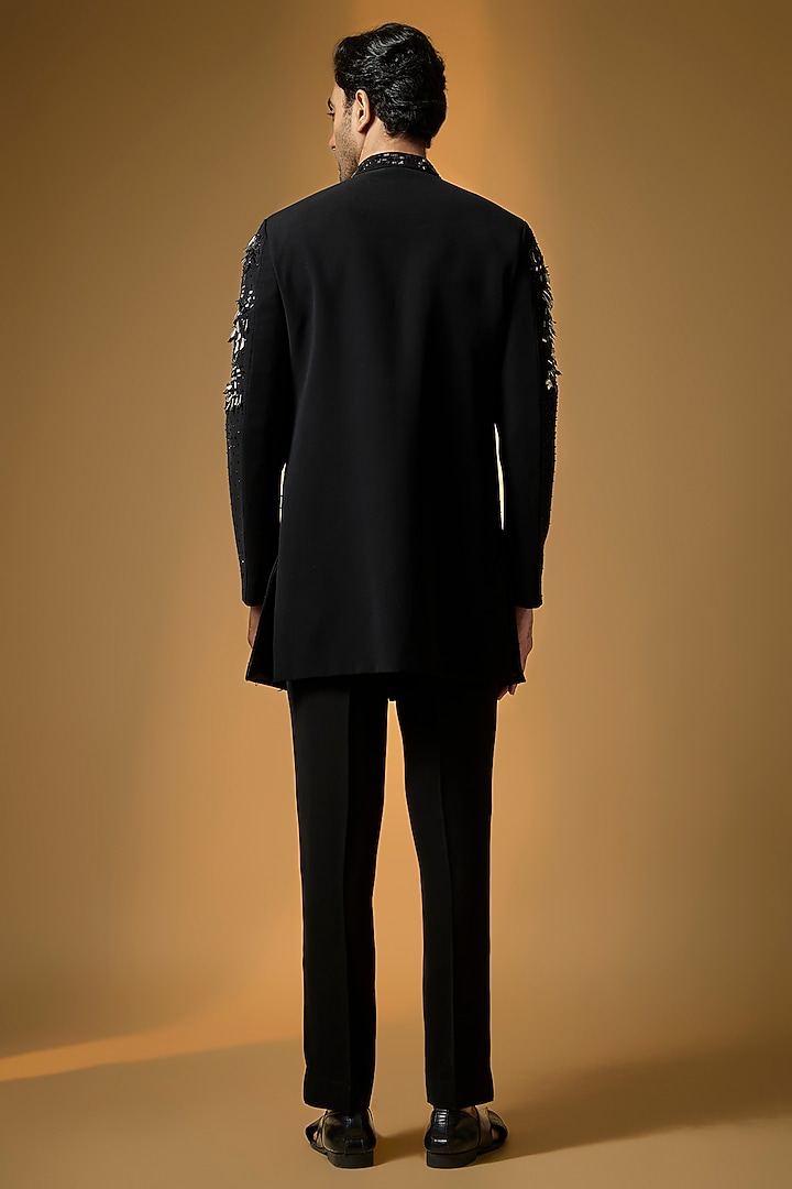 Black Suiting Embroidered Wedding Indowestern Set by PARV DESIGN STUDIO at Pernia's Pop Up Shop