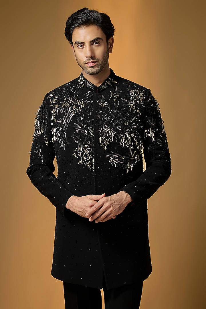 Black Suiting Embroidered Wedding Indowestern Set by PARV DESIGN STUDIO at Pernia's Pop Up Shop