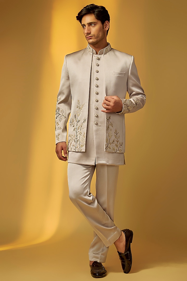 Beige Grey Italian Crepe Embroidered Wedding Bandhgala Set by PARV DESIGN STUDIO at Pernia's Pop Up Shop