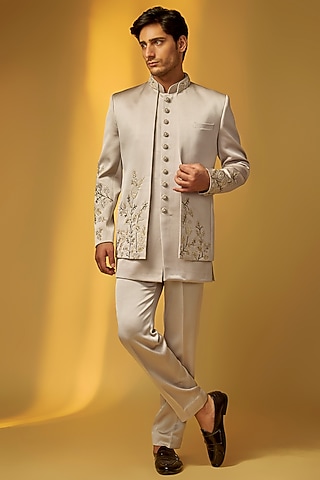 Beige Grey Italian Crepe Embroidered Bandhgala Set by PARV DESIGN STUDIO