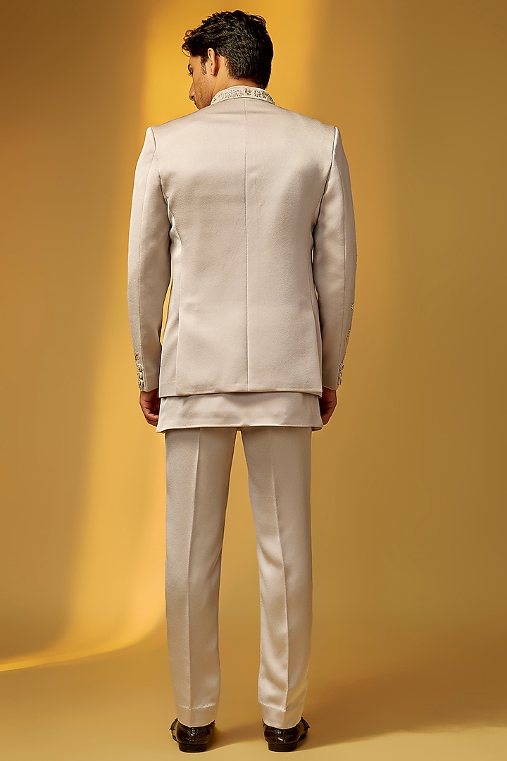 Beige Grey Italian Crepe Embroidered Wedding Bandhgala Set by PARV DESIGN STUDIO at Pernia's Pop Up Shop