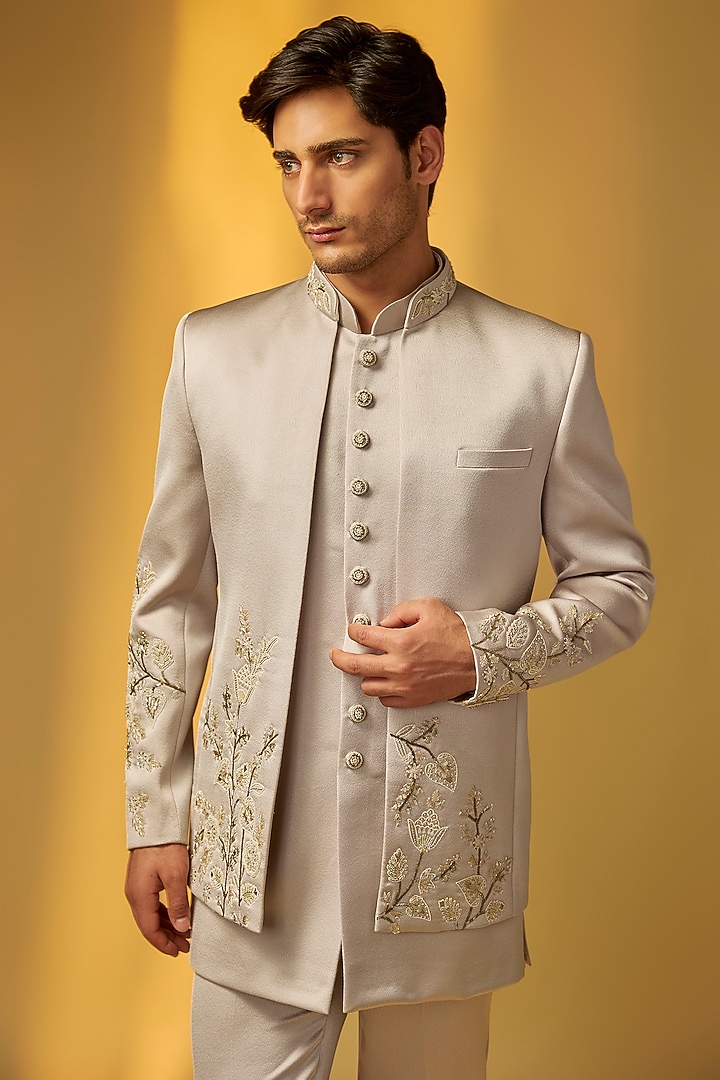 Beige Grey Italian Crepe Embroidered Wedding Bandhgala Set by PARV DESIGN STUDIO at Pernia's Pop Up Shop