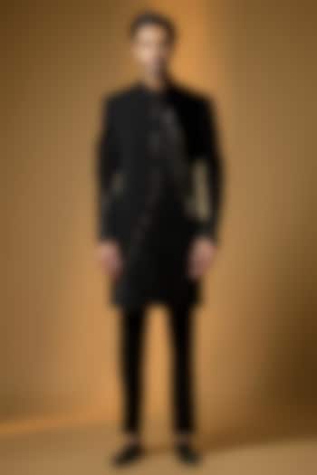 Black Suiting Embroidered Wedding Indowestern Set by PARV DESIGN STUDIO at Pernia's Pop Up Shop