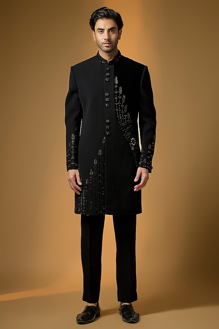 Black Suiting Embroidered Wedding Indowestern Set by PARV DESIGN STUDIO at Pernia's Pop Up Shop