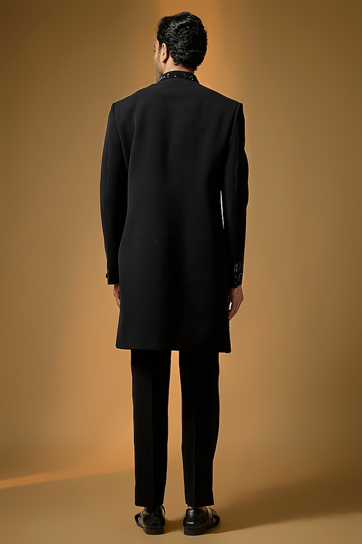 Black Suiting Embroidered Wedding Indowestern Set by PARV DESIGN STUDIO at Pernia's Pop Up Shop
