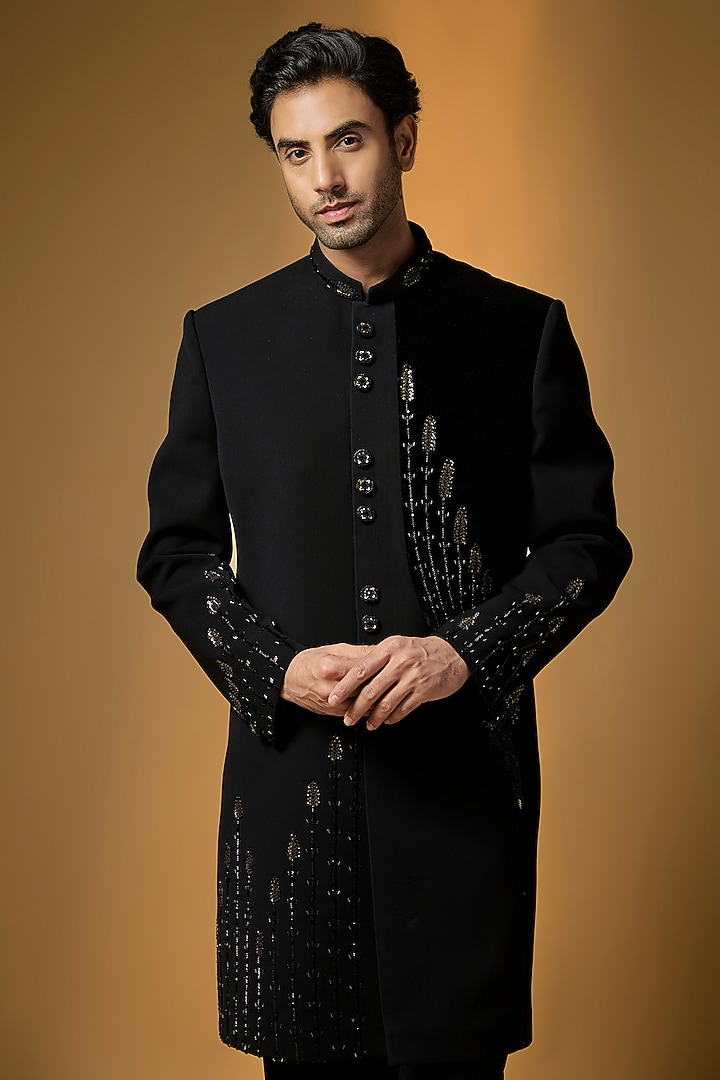 Black Suiting Embroidered Wedding Indowestern Set by PARV DESIGN STUDIO at Pernia's Pop Up Shop