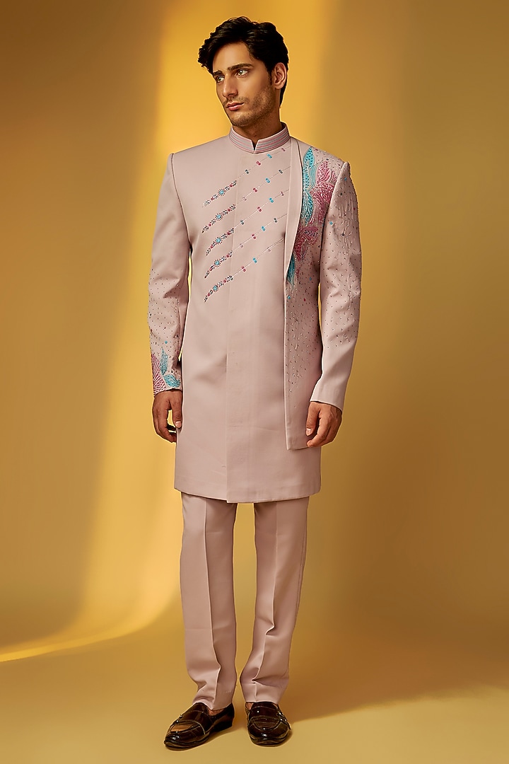 Lavender Suiting Brush Painted Wedding Indowestern Set by PARV DESIGN STUDIO at Pernia's Pop Up Shop