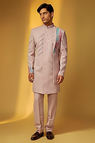 Lavender Suiting Brush Painted Indowestern Set by PARV DESIGN STUDIO