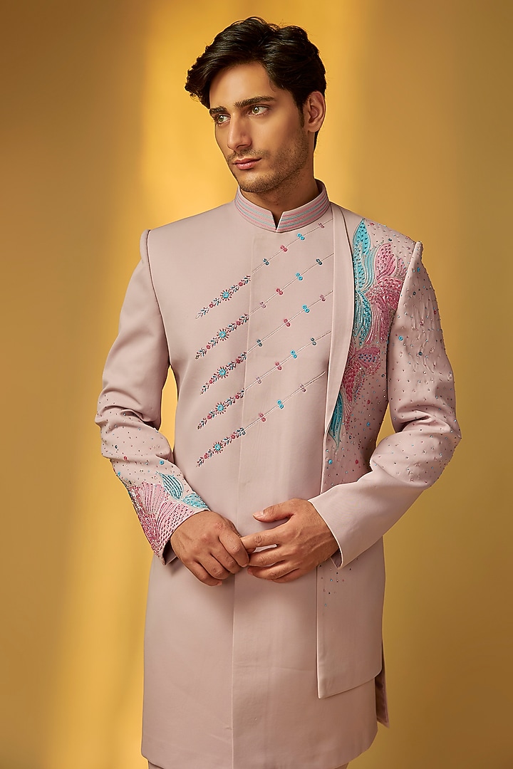 Lavender Suiting Brush Painted Wedding Indowestern Set by PARV DESIGN STUDIO at Pernia's Pop Up Shop