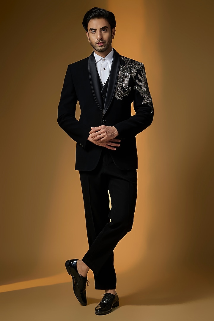 Black Suiting Embroidered Tuxedo Set by PARV DESIGN STUDIO at Pernia's Pop Up Shop