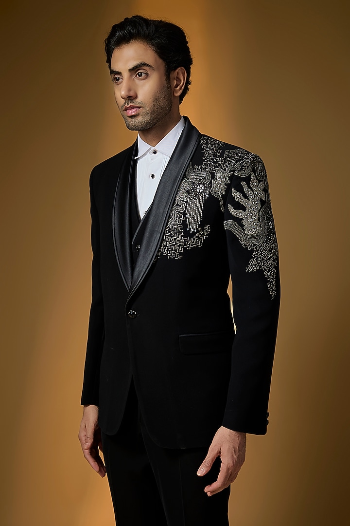 Black Suiting Embroidered Tuxedo Set by PARV DESIGN STUDIO at Pernia's Pop Up Shop