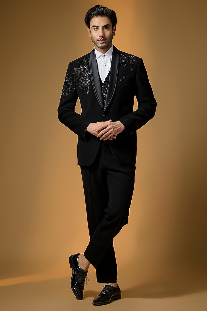 Black Suiting Embroidered Tuxedo Set by PARV DESIGN STUDIO at Pernia's Pop Up Shop