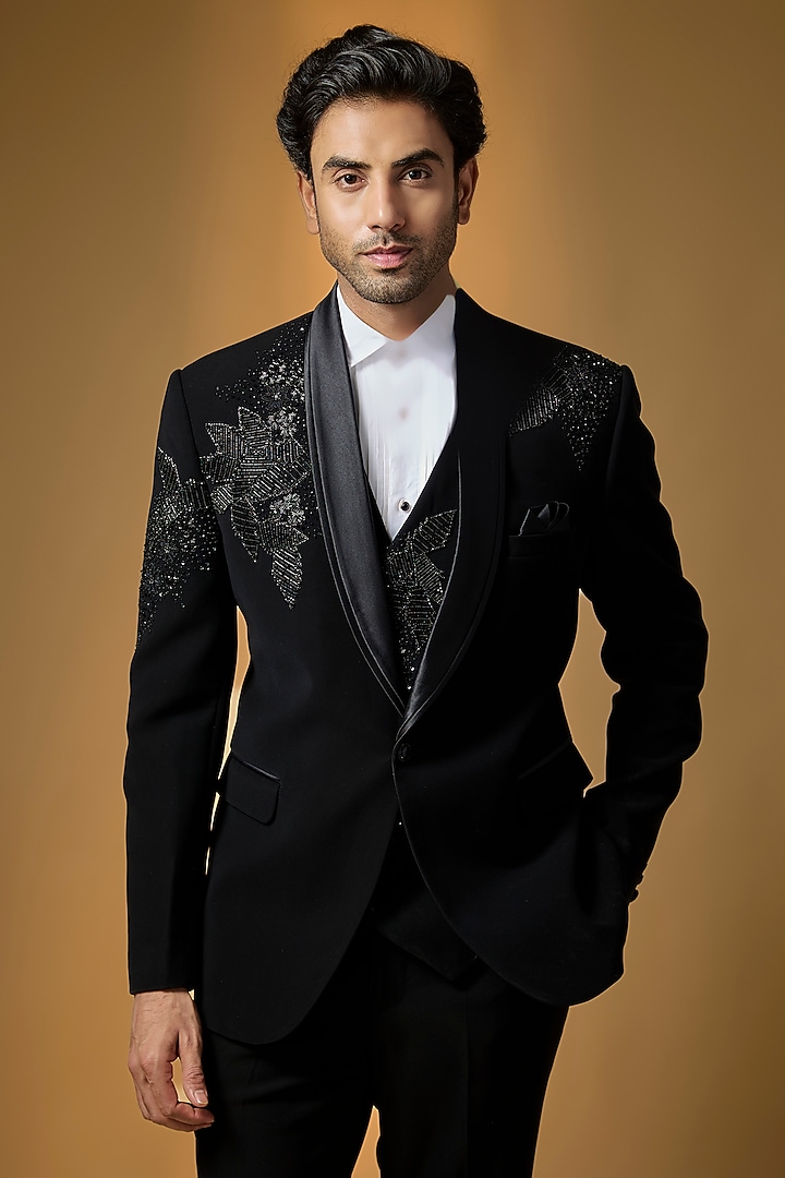Black Suiting Embroidered Tuxedo Set by PARV DESIGN STUDIO at Pernia's Pop Up Shop