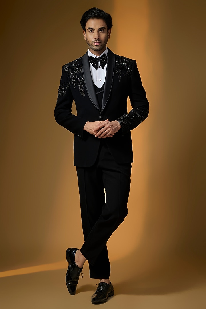 Black Suiting Embroidered Tuxedo Set by PARV DESIGN STUDIO at Pernia's Pop Up Shop