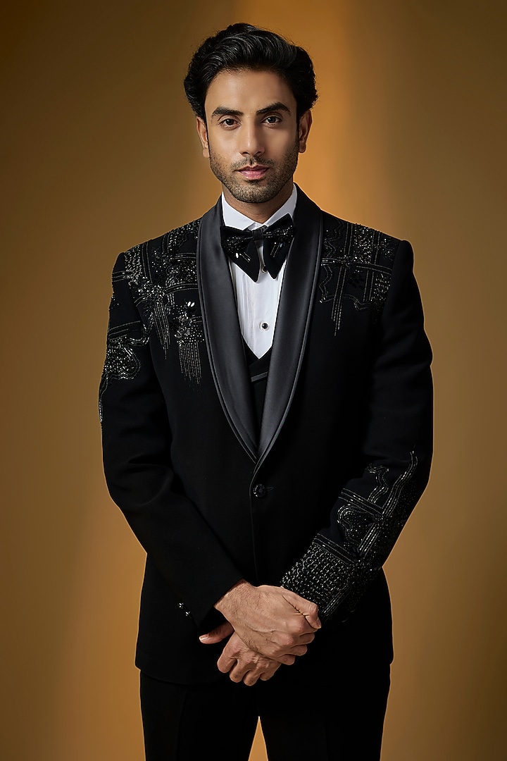 Black Suiting Embroidered Tuxedo Set by PARV DESIGN STUDIO at Pernia's Pop Up Shop