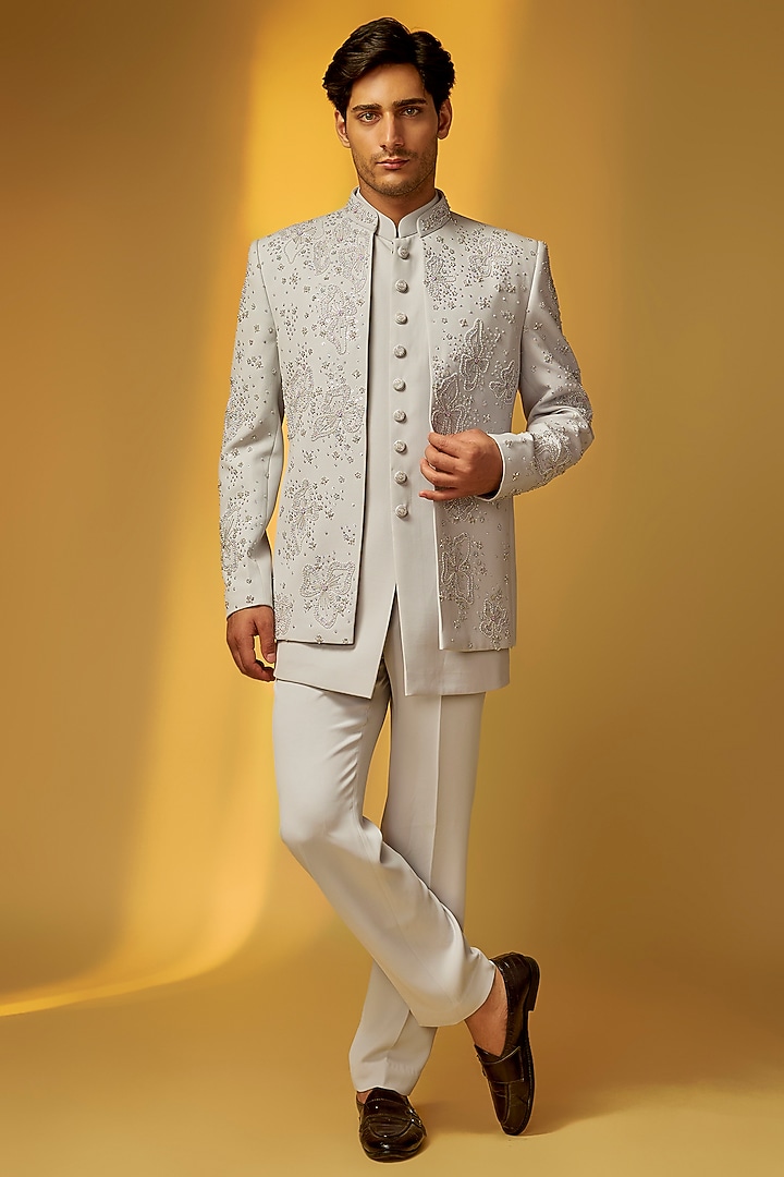 Light Grey Italian Crepe Embroidered Wedding Bandhgala Set by PARV DESIGN STUDIO at Pernia's Pop Up Shop