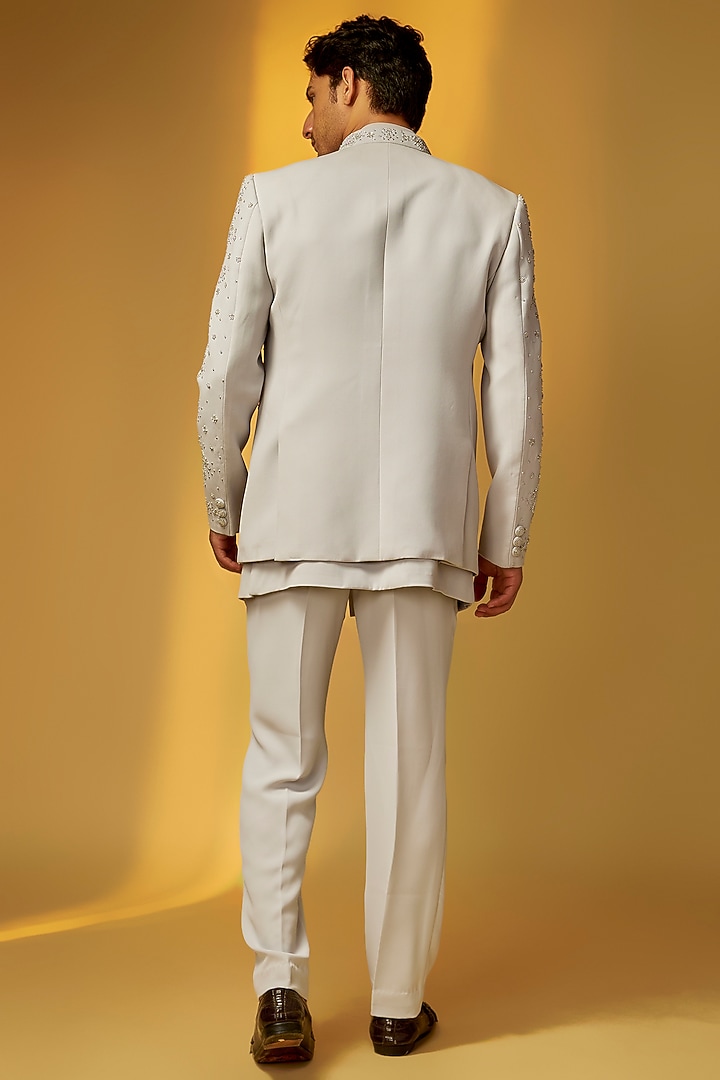 Light Grey Italian Crepe Embroidered Wedding Bandhgala Set by PARV DESIGN STUDIO at Pernia's Pop Up Shop