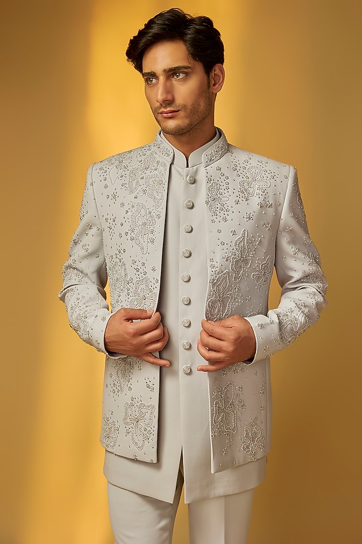 Light Grey Italian Crepe Embroidered Wedding Bandhgala Set by PARV DESIGN STUDIO at Pernia's Pop Up Shop