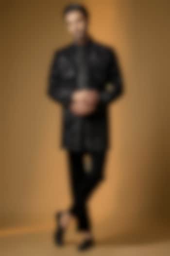 Black Suiting Cutdana & Bead Embroidered Groom Indowestern Set by PARV DESIGN STUDIO at Pernia's Pop Up Shop