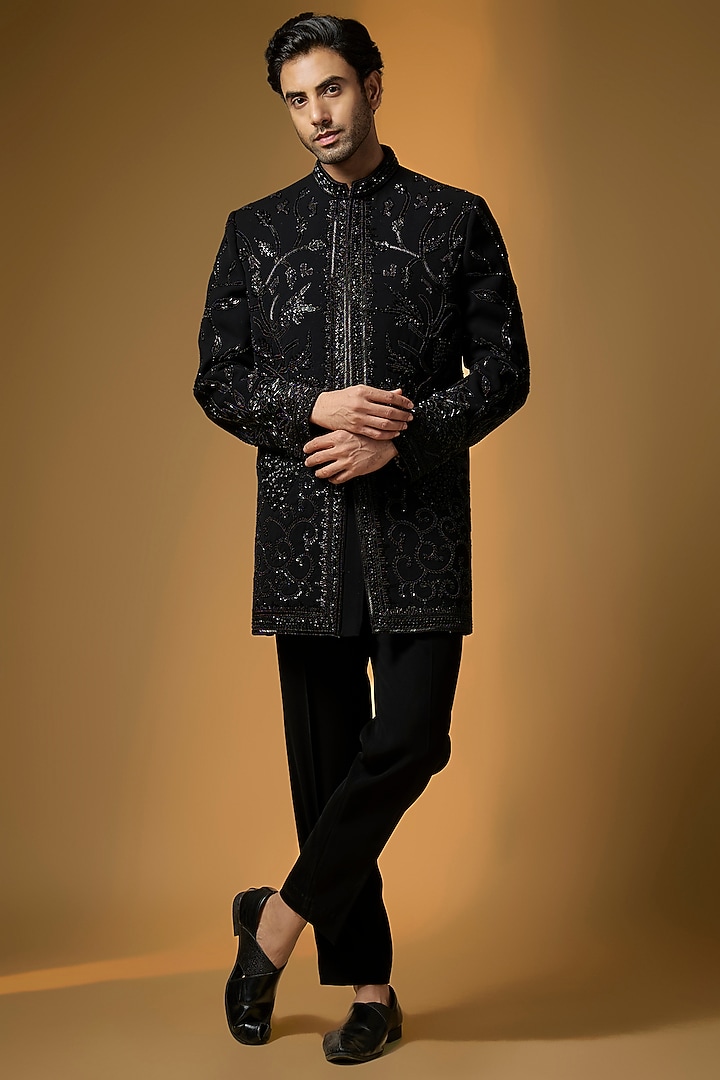 Black Suiting Cutdana & Bead Embroidered Groom Indowestern Set by PARV DESIGN STUDIO at Pernia's Pop Up Shop