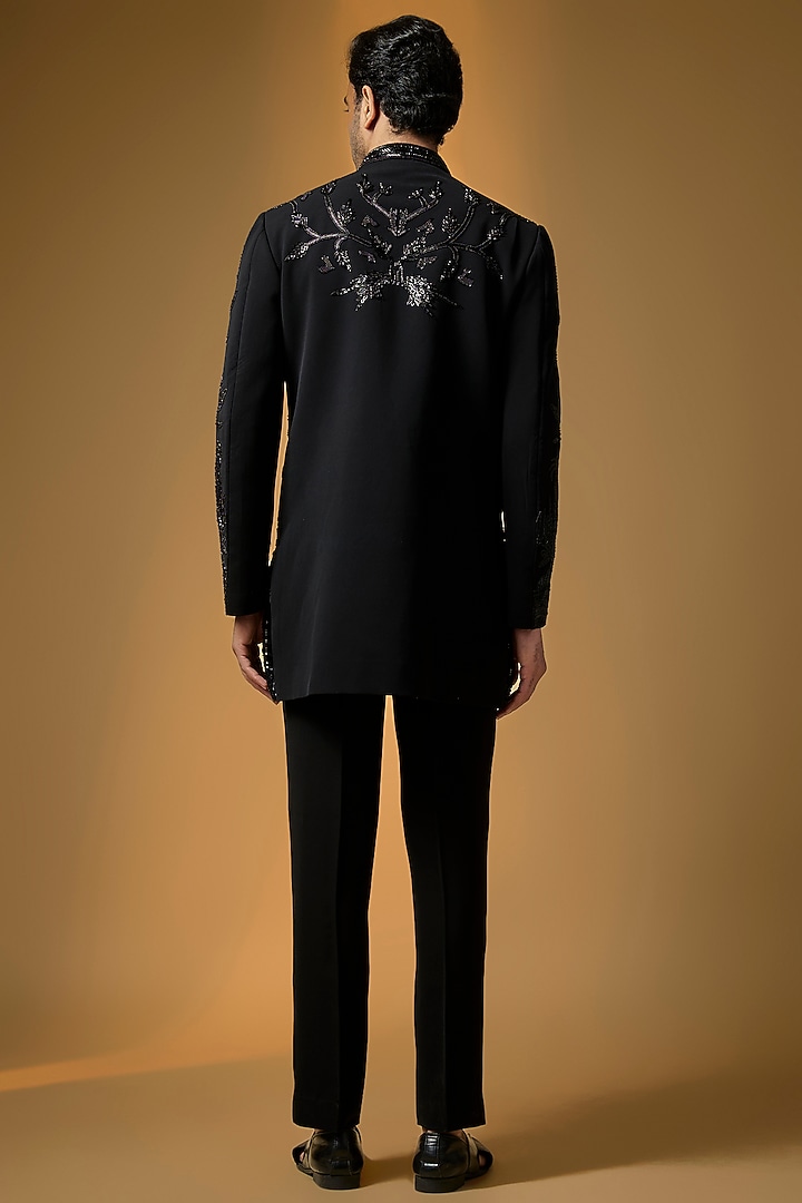 Black Suiting Cutdana & Bead Embroidered Groom Indowestern Set by PARV DESIGN STUDIO at Pernia's Pop Up Shop