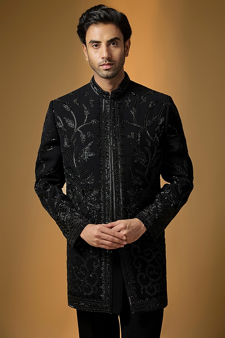 Black Suiting Cutdana & Bead Embroidered Groom Indowestern Set by PARV DESIGN STUDIO at Pernia's Pop Up Shop