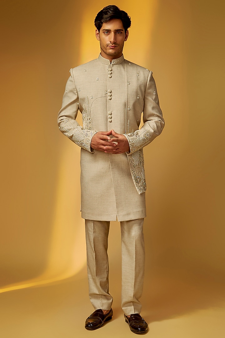 Beige Linen Suiting Pearl Embroidered Wedding Indowestern Set by PARV DESIGN STUDIO at Pernia's Pop Up Shop