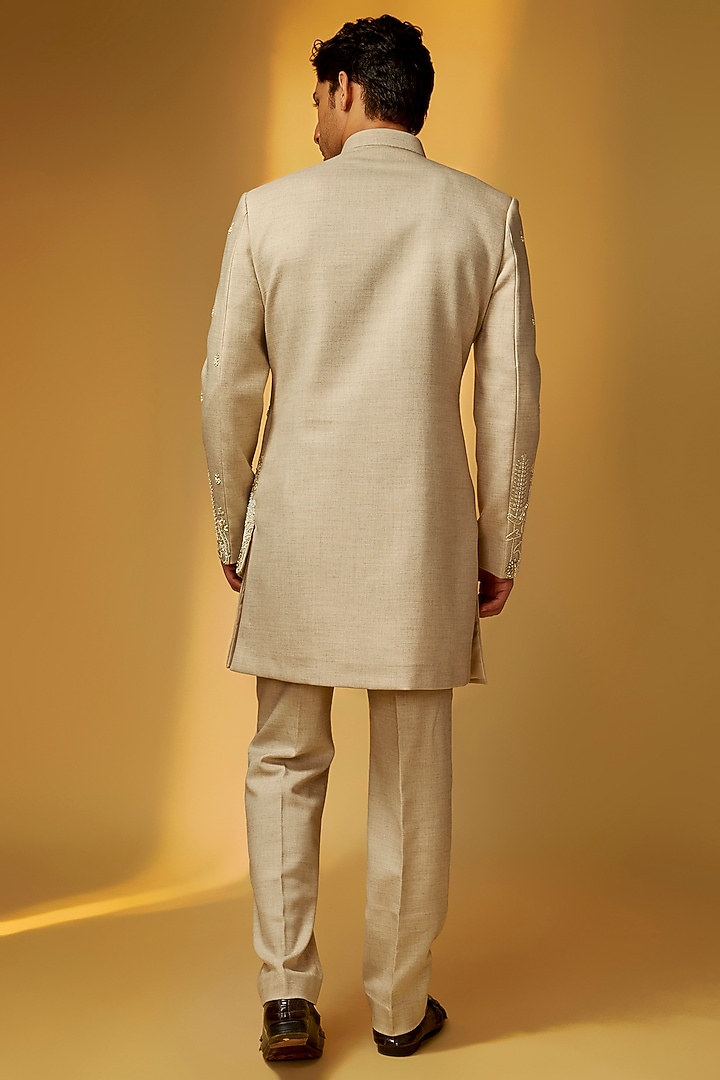 Beige Linen Suiting Pearl Embroidered Wedding Indowestern Set by PARV DESIGN STUDIO at Pernia's Pop Up Shop