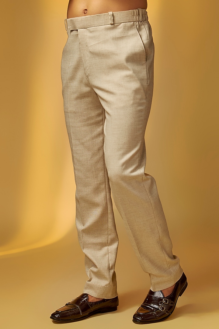 Beige Linen Suiting Pearl Embroidered Wedding Indowestern Set by PARV DESIGN STUDIO at Pernia's Pop Up Shop