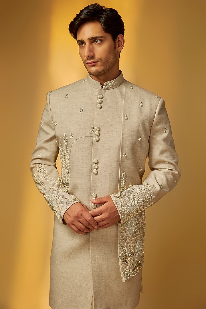 Beige Linen Suiting Pearl Embroidered Wedding Indowestern Set by PARV DESIGN STUDIO at Pernia's Pop Up Shop