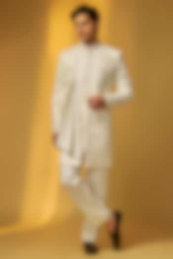 Cream Suiting Cutdana & Bead Embroidered Wedding Indowestern Set by PARV DESIGN STUDIO at Pernia's Pop Up Shop