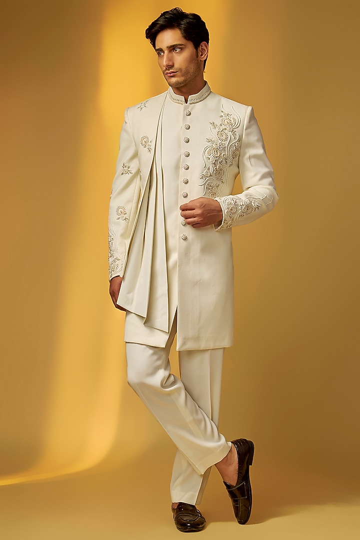 Cream Suiting Cutdana & Bead Embroidered Wedding Indowestern Set by PARV DESIGN STUDIO at Pernia's Pop Up Shop