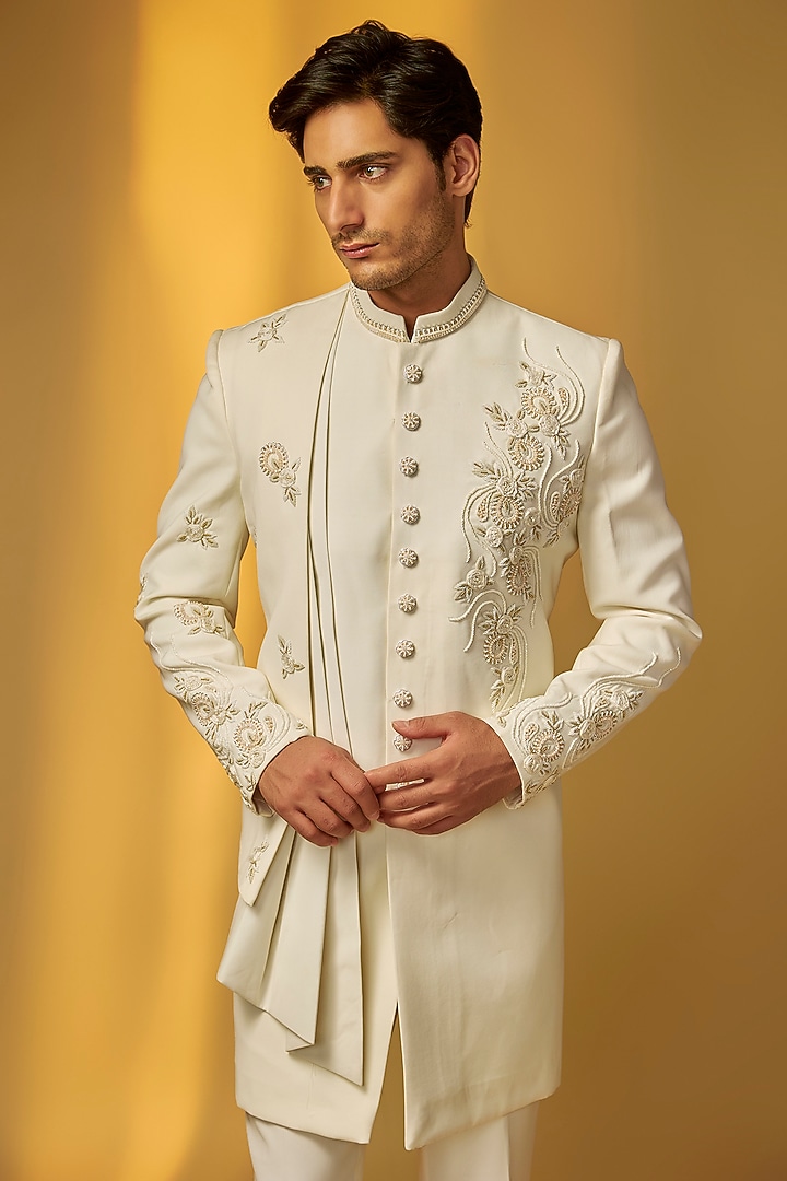 Cream Suiting Cutdana & Bead Embroidered Wedding Indowestern Set by PARV DESIGN STUDIO at Pernia's Pop Up Shop