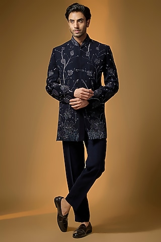 Deep Navy Suiting Cutdana & Bead Embroidered Indowestern Set by PARV DESIGN STUDIO