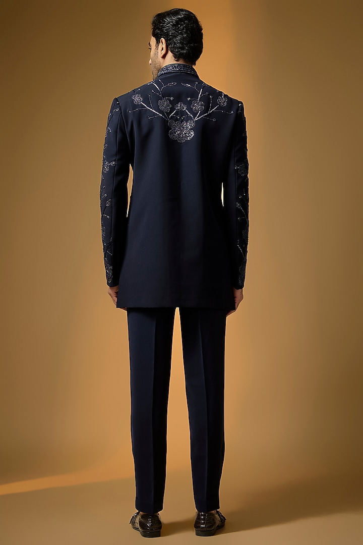 Deep Navy Suiting Cutdana & Bead Embroidered Groom Indowestern Set by PARV DESIGN STUDIO at Pernia's Pop Up Shop